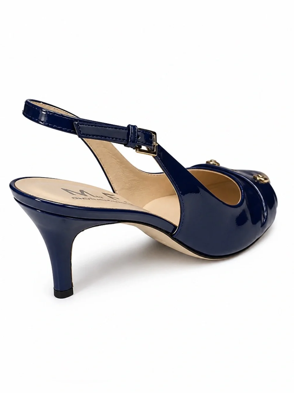 M. F. Collection Women’sNavy Patent Pointed-Toe Slingback Heels with Gold Accent